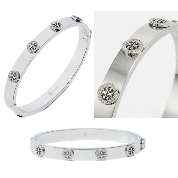 NEW! Tory Burch Silver Miller Stud Logo Hinge Bracelet, 7MM - Picture 1 of 7